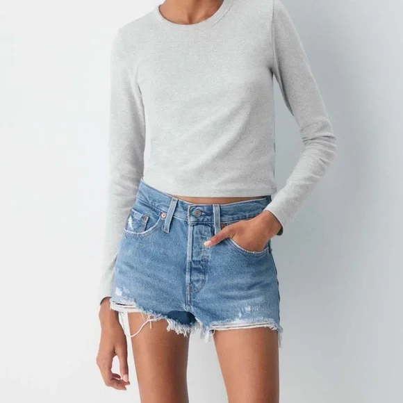 Levi's Light Blue Distressed Denim Jean Shorts - Picture 3 of 12